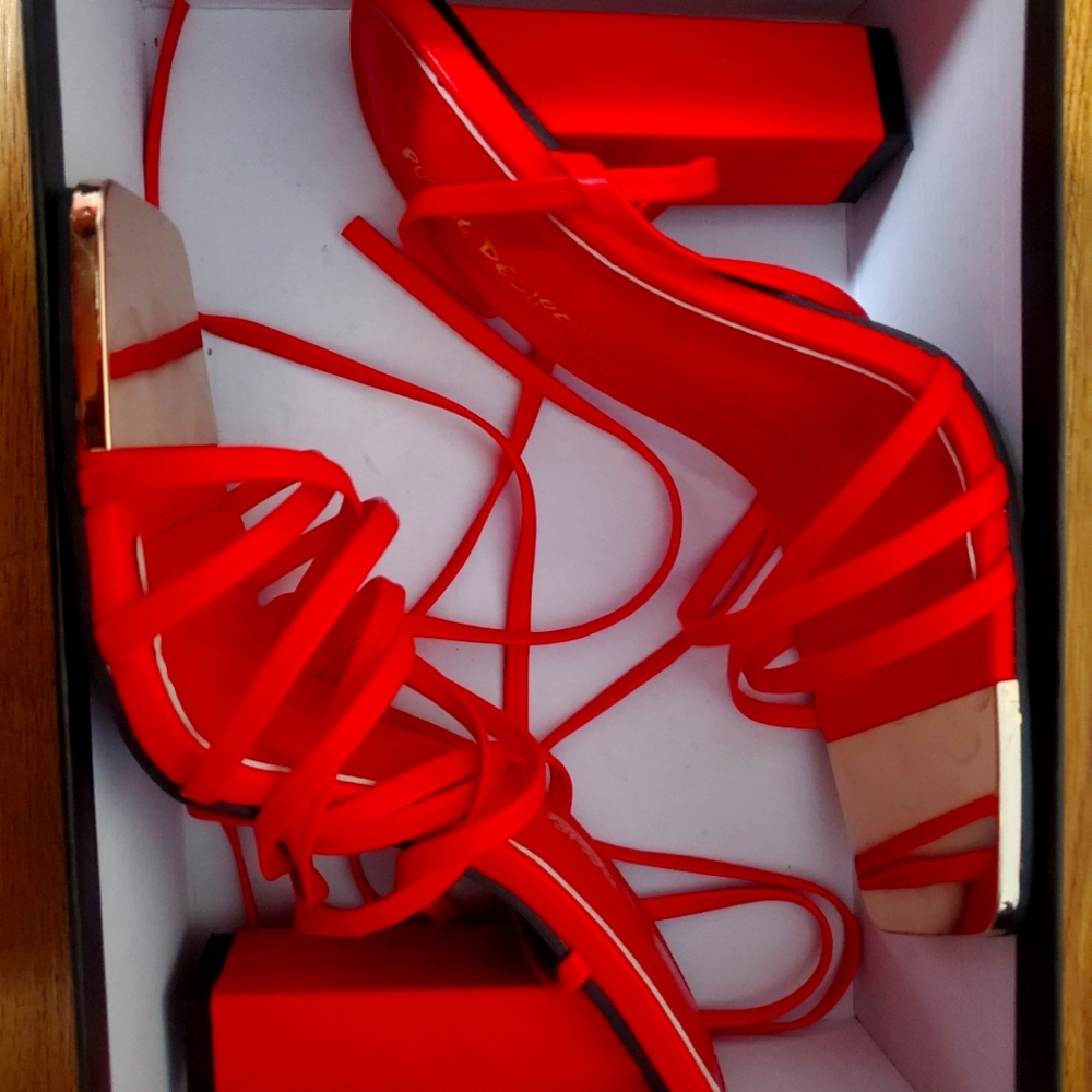 Public desire Amira Wide Fit Red PU Lace Up Block Heel